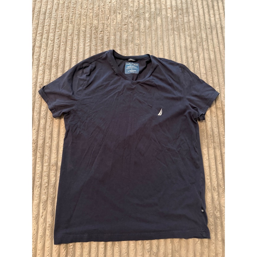 Nautica Mens Deck T-Shirt Active Stretch V-Neck Navy Blue Short Sleeve Logo L